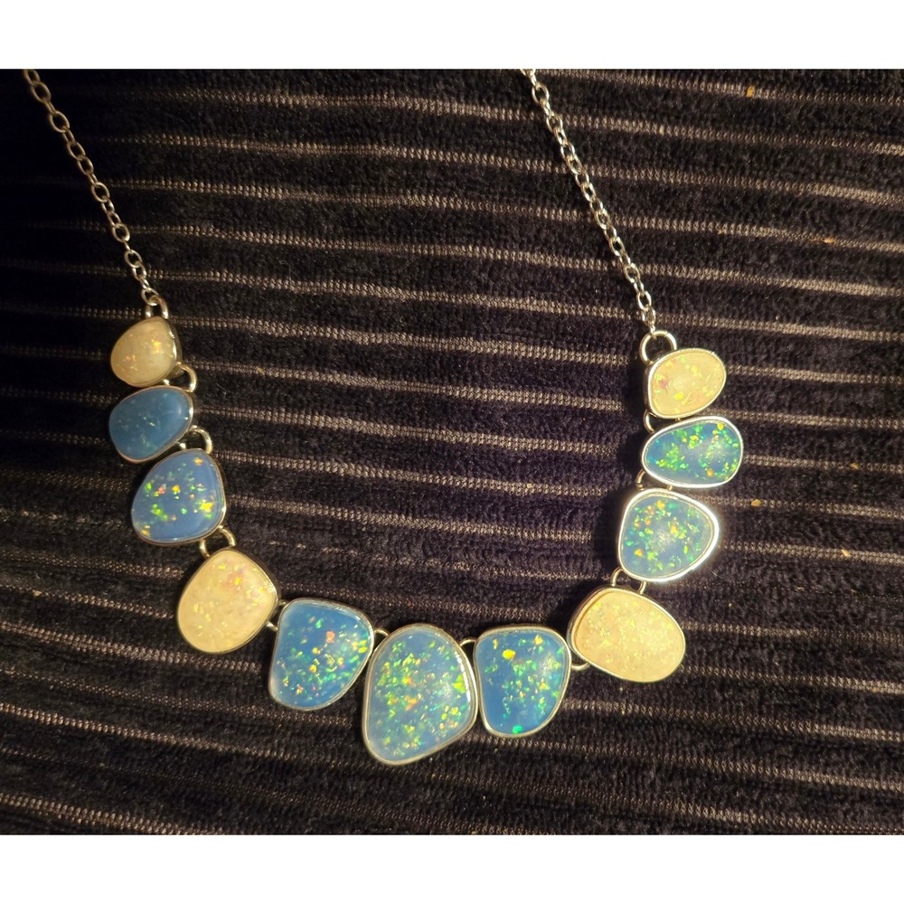 Blue White Iridescent Faux Opal Bib Necklace Silver Tone Statement Collar 16in
